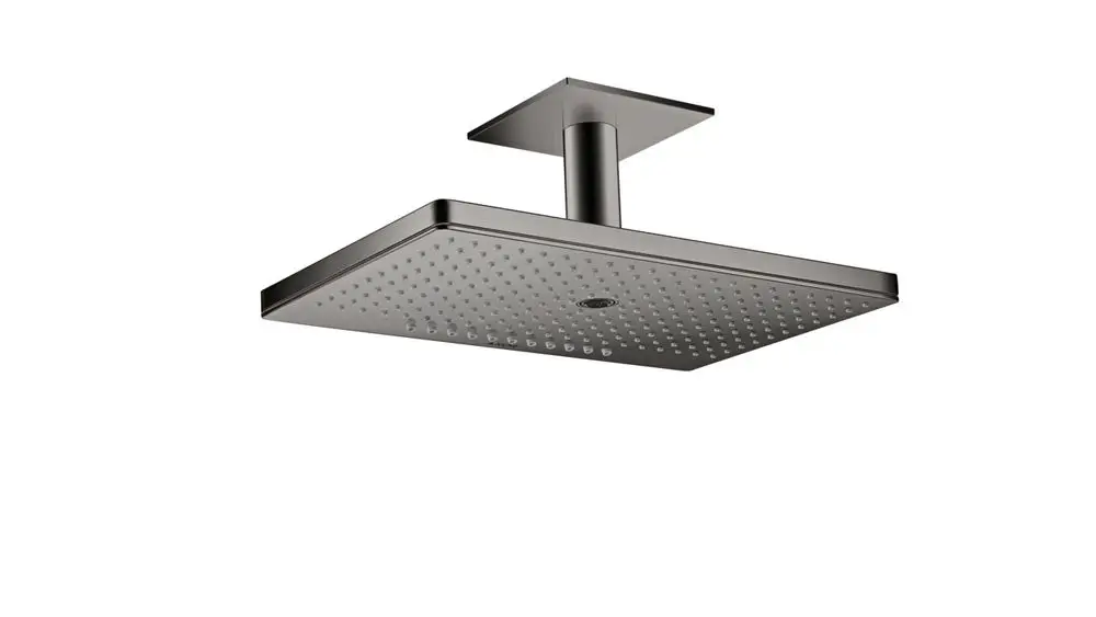 Duschkopf von AXOR in glänzend schwarzem Chrom mit quadratischem Design und mehreren Wasserstrahlfunktionen, montiert an der Decke.